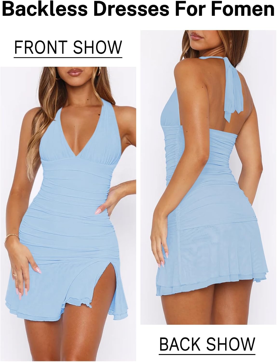 Women Sexy Halter Deep V Neck Ruched Bodycon Dress Summer Side Slit Mesh Hem Cocktail Club Party Short Mini Dresses - Image 3