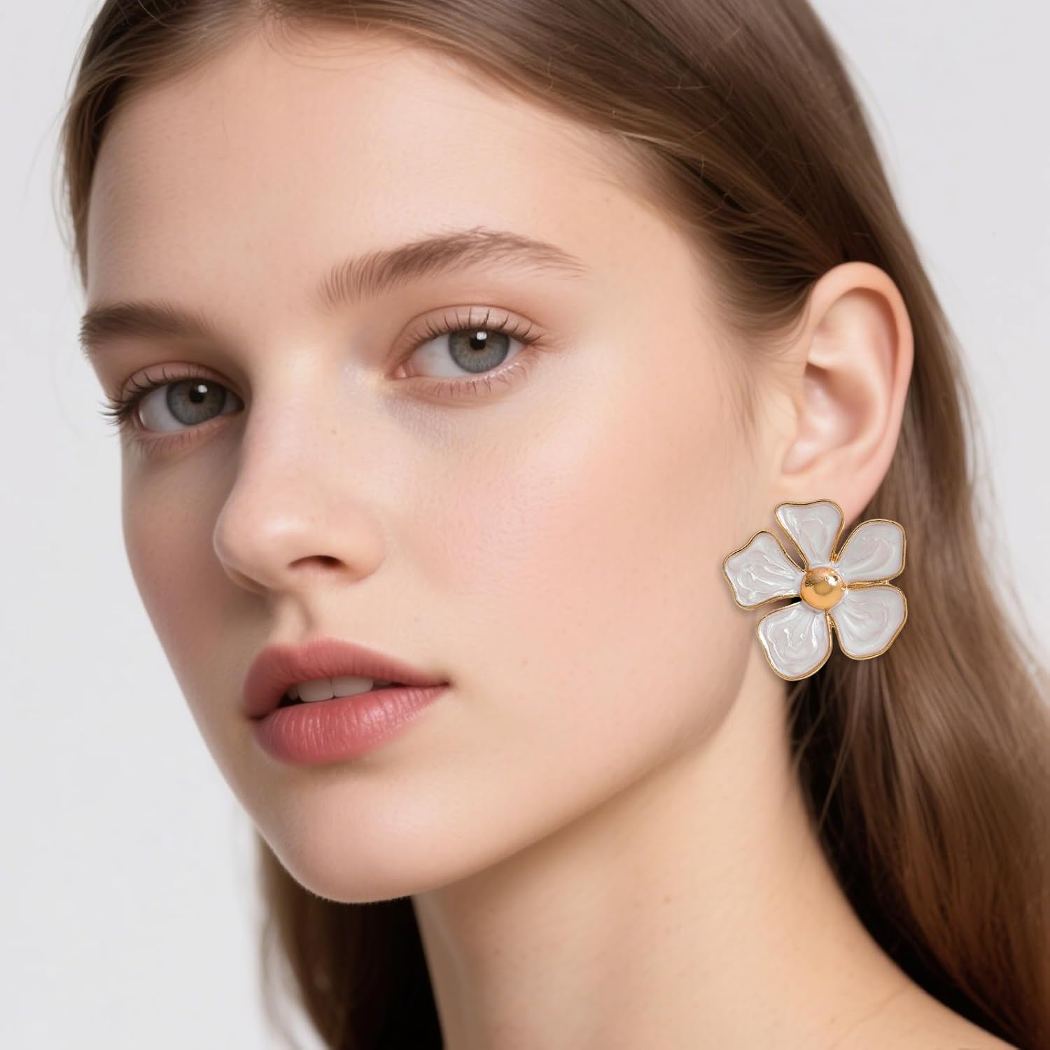 White Flower Stud Earrings for Women, Vintage Floral Petal Earring, Elegant Statement Trendy Jewelry Gift for Bridal Party Daily Wear - Image 3