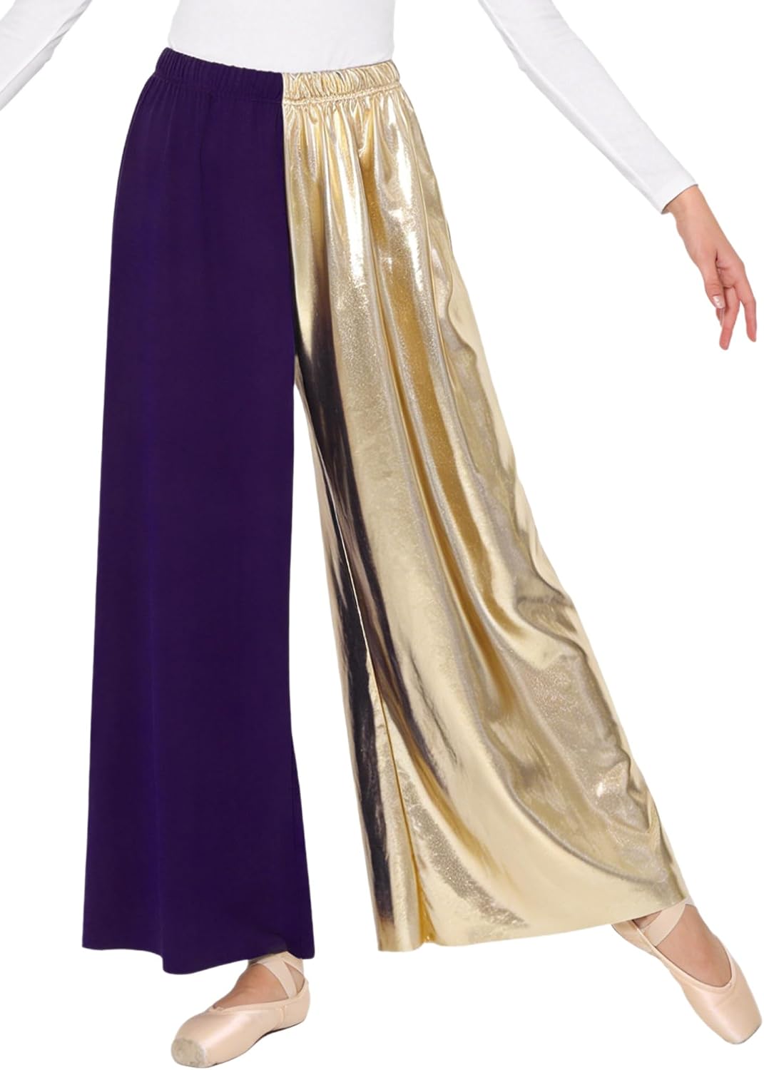 FEESHOW Women's Praise Dance Pants Wide Leg Pants | Metallic Color Block, Elastic Waist, Loose Fit, Celebration of Spirit Trousers, for Worship Dance