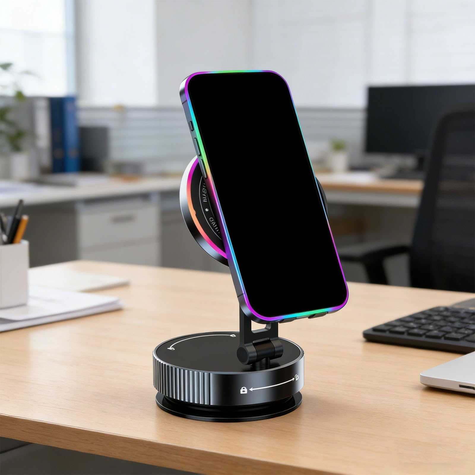 Soporte flexible para teléfono de coche multiposición con dispositivo inalámbrico de 15 W de alineación automática y base súper firme ° ajustable para coche