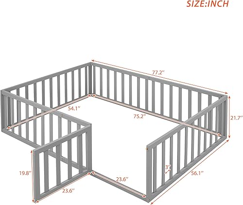 Miniatura 35 de P PURLOVE Cama de suelo de madera tamaño Queen, marco de cama con barandilla en forma de valla y puerta que se puede cerrar para niños y niñas,
