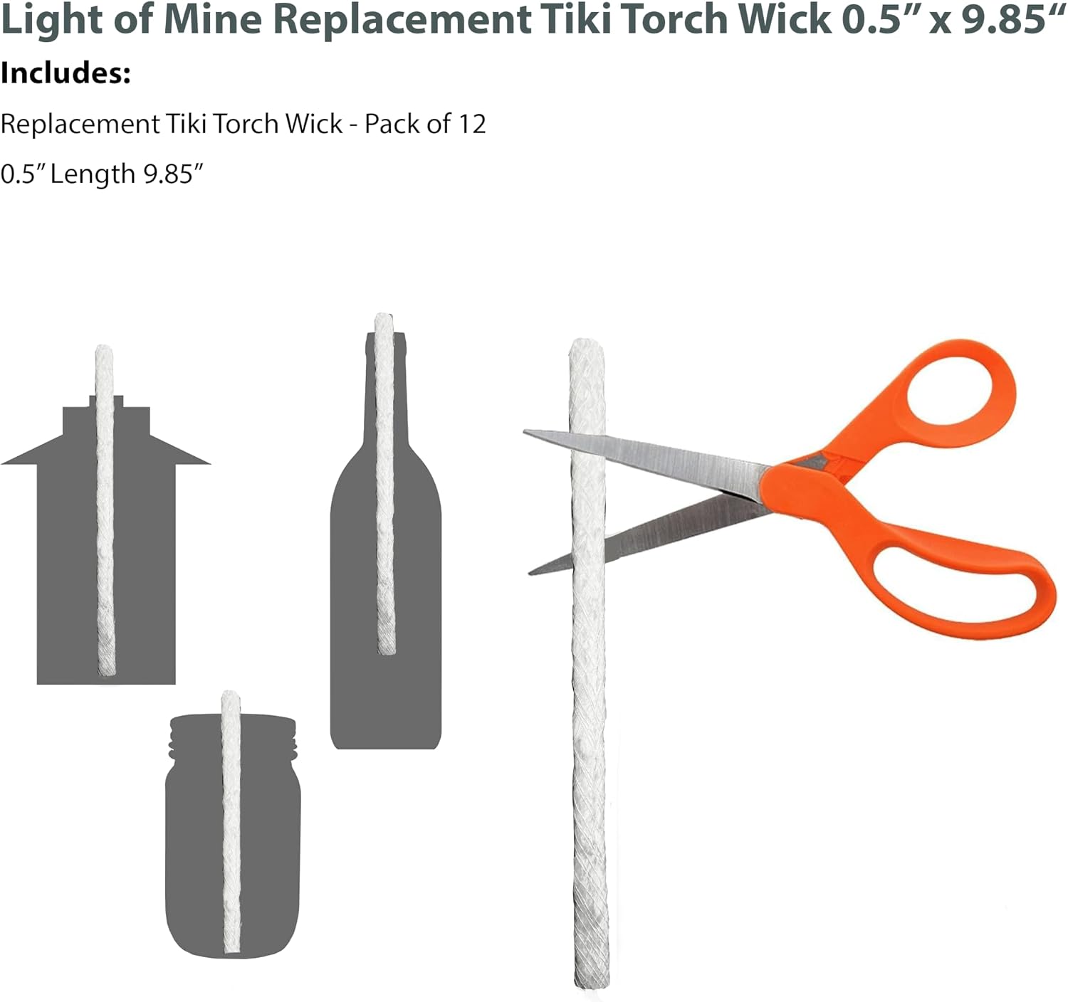 Light of Mine - 12 Pack Tiki Torch Fiberglass Replacement Wick, 0.5" Wide x 9.85" Tall (12pk, Tiki Wick)