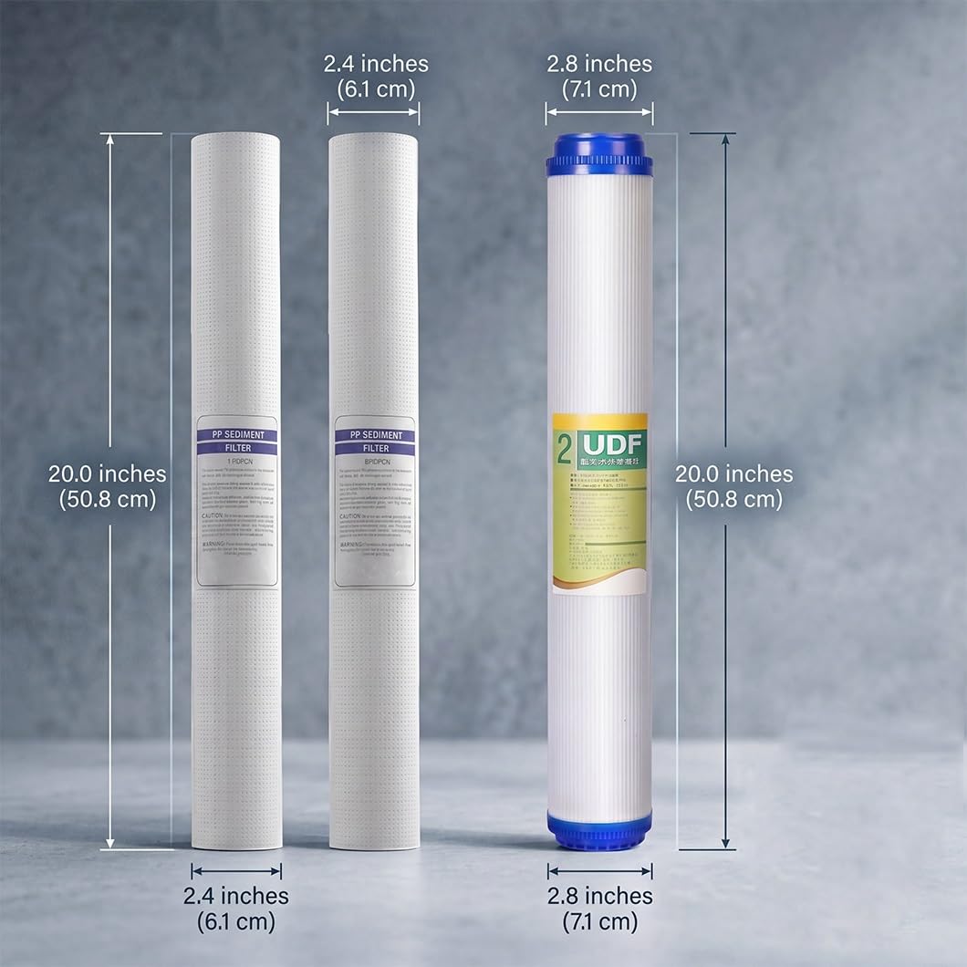 1 Set Ricambio dell'Acqua Tutta casa Tre stadi 20in,1 Filtro sedimentatore PP 1 Micron,1 Filtro sedimentatore PP 5 Micron 1 Filtro UDF,Compatibile con alloggiamenti 20in