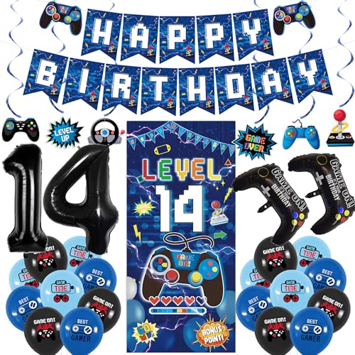 Bannière jeu vidéo niveau 14 pour anniversaire garçon et déco bleue Vlipoeasn