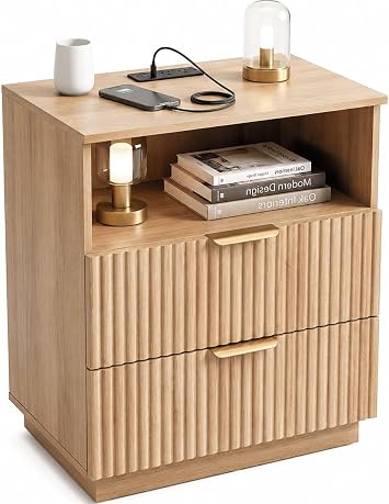 Nightstand with Charging Station, Fluted Night Stand Bedside Table with 2 Storage Drawers & Open Shelf, Small Side Table End Table for Bedroom, Natural Oak