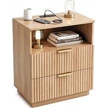 Nightstand with Charging Station, Fluted Night Stand Bedside Table with 2 Storage Drawers & Open Shelf, Small Side Table End Table for Bedroom, Natural Oak