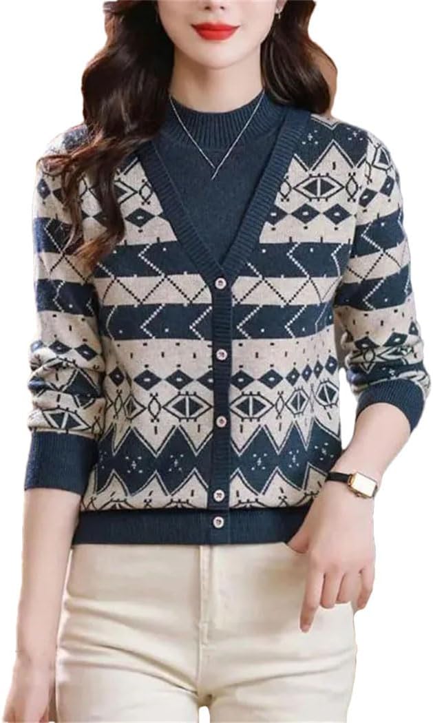 Women's Fake Two Pieces Sweater Mock Neck Button Jacquard Pullovers Thicken Long Sleeve Knitted Tops