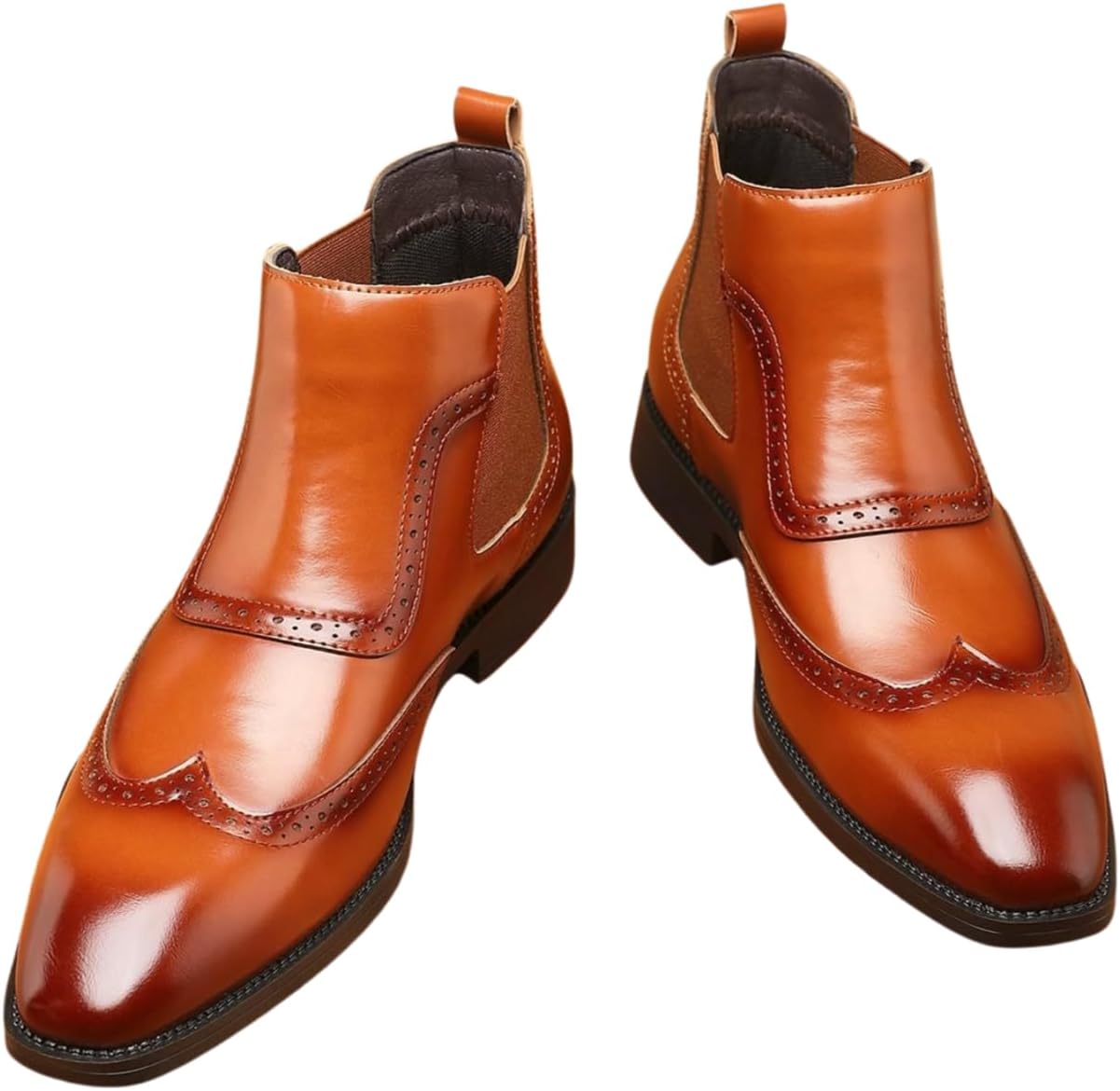 Santimon Men's Leather Chelsea Boots Brogue Formal Casual Slip-on Ankle Dress Shoes