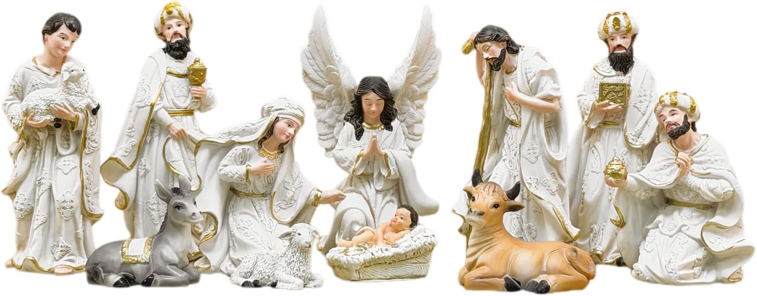 White Gilded Nativity Resin Figurines Decorative Christmas Religious Gift | Sturdy weatherproof resin, lifelike hand-painted details, ideal ornament for church, mantel and shelf