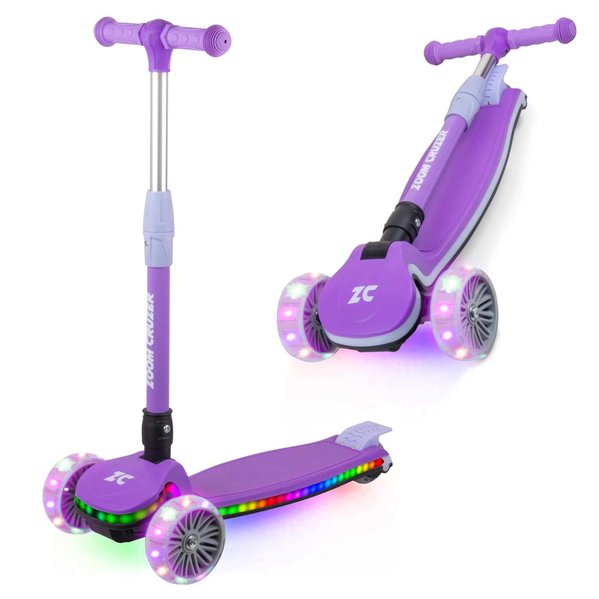 Zoom Cruzer Kids 3 Wheel Scooter - Big Wheels Light Up Scooter For Girls Age 4-8 - Height Adjustable Handlebars - Easy Foldable Design (Colour Purple)