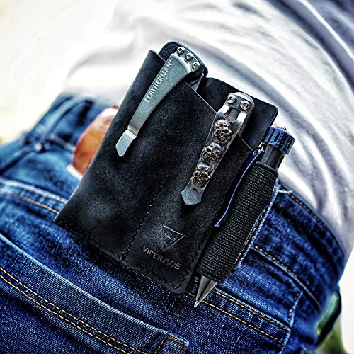 VIPERADE PJ12 EDC Lederscheide Multitoolscheide Werkzeugholster Messergürtelscheide Taschenlampenscheide für Leatherman Multitools Messerscheide handgefertigte Organizerscheide mit 3 Taschen – Schwarz