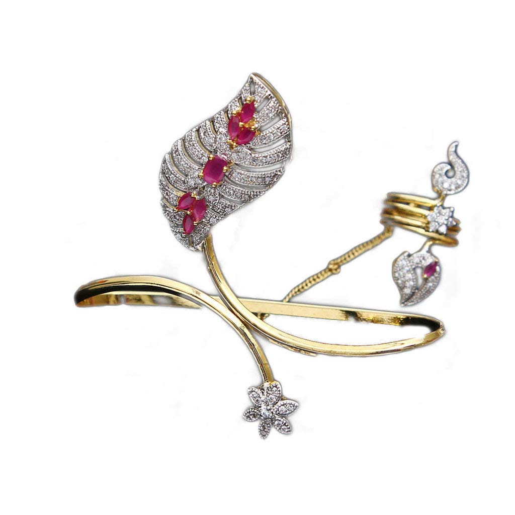 Haath Phool pulsera con anillo de circonitas rosas y oro para mujer 3
