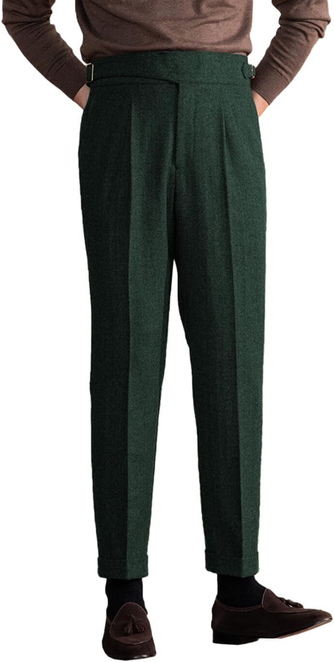 Men's Vintage Pants Tweed Herringbone Knit Pleated Pants Casual Business Suit Trousers 36 XL
