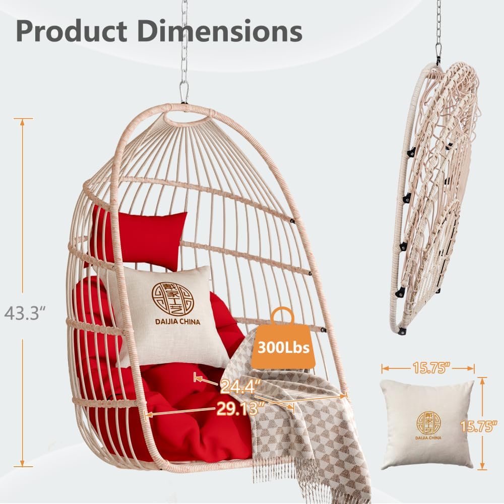 Foldable Patio Hanging Egg Chair Set Weather-Resistant Resin Wicker Swing Pod with Removable Washable Polyester Cushion Headrest Pillow Stainless Steel Hanging Kit Heavy-Duty (Red + HDPE)