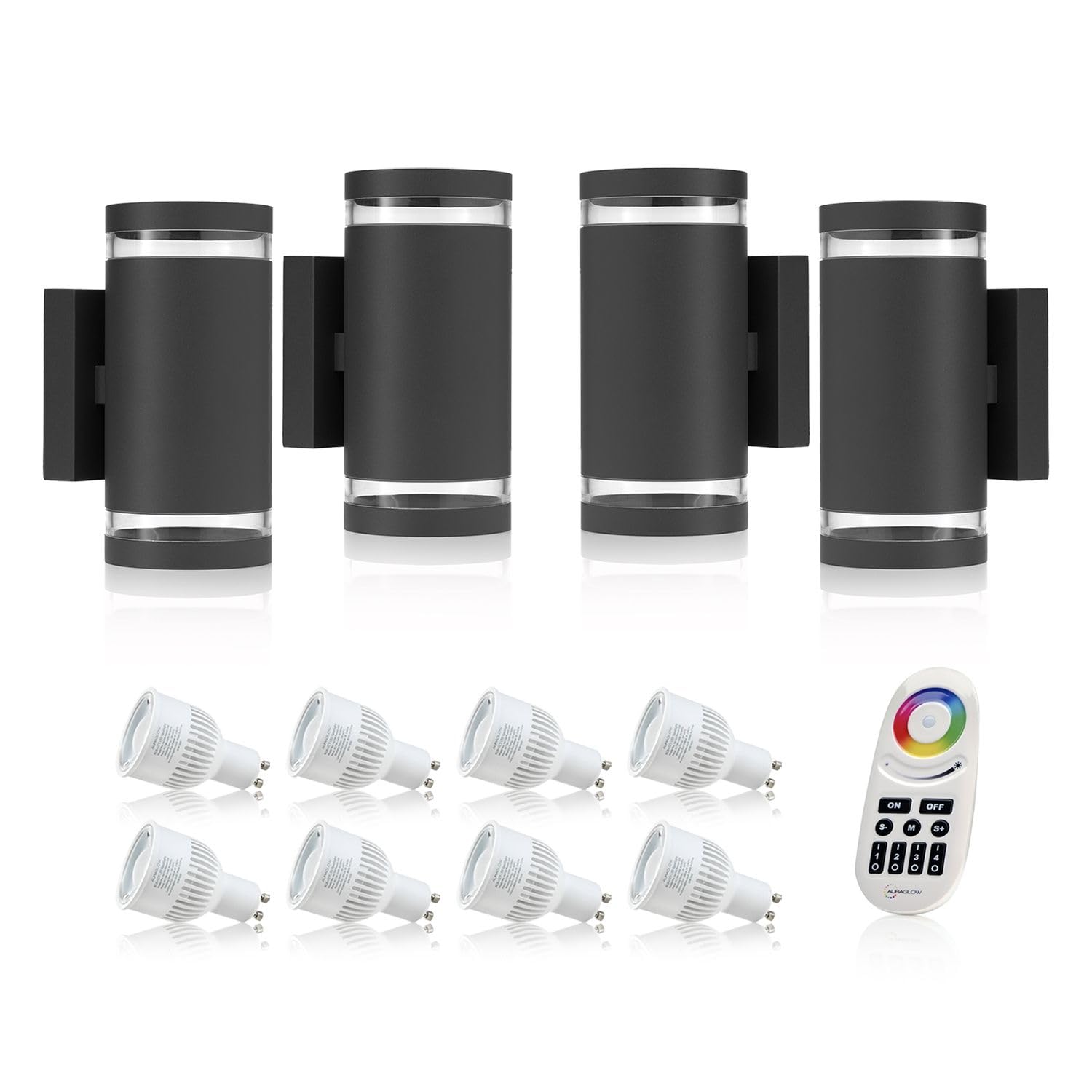 Auraglow RF Remote Control Colour Changing LED Double Up & Down Outdoor Wall Light (with Colour Changing Bulbs & 4 Zone Remote, 4 Pack)