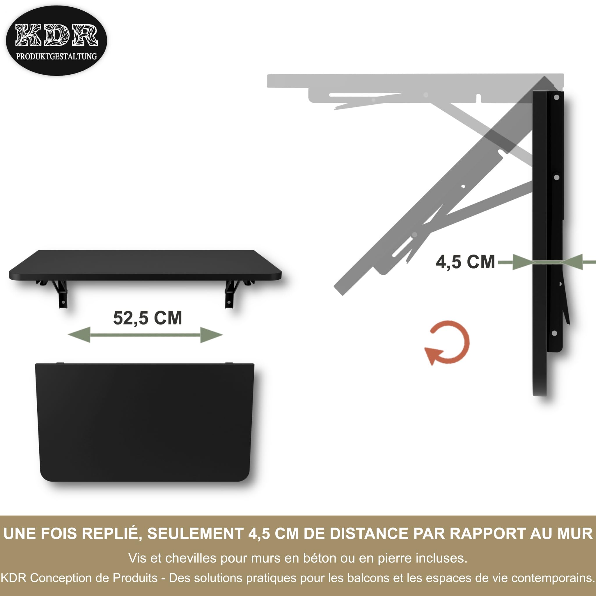 KDR Table Murale Pliante – Table Rabattable Gain de Place, Bureau Pliable ou Table de Cuisine et Salle à Manger, Table Murale pour Petit Espace, Table Mur Rabattable (Noir, 70×40 cm)
