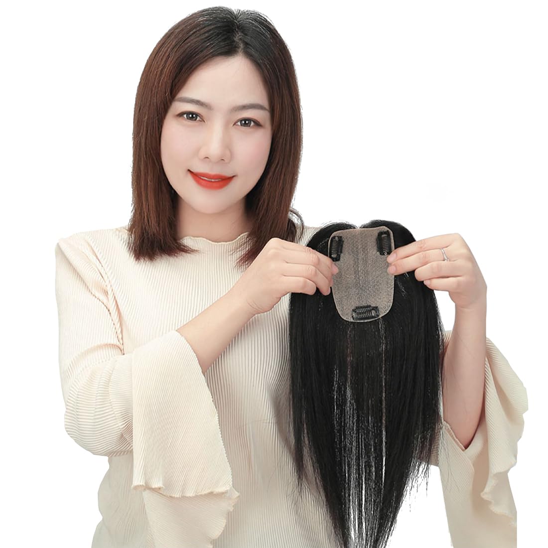 Postiche à cheveux raides avec base en soie 7 x 12 cm 100% cheveux humains