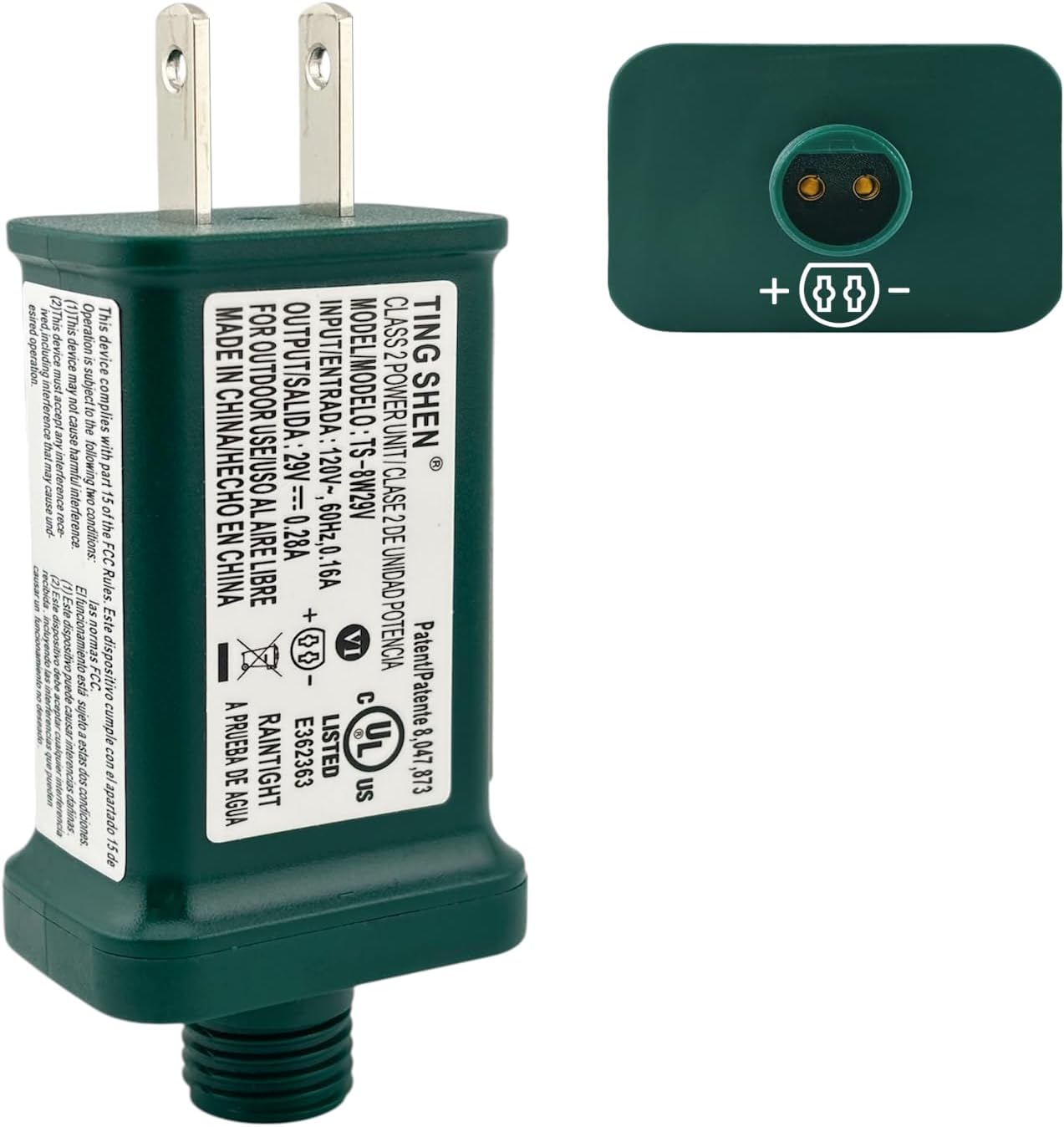 Power Supply TS-8W29V Class 2 Transformer 29V 0.28A 8W Raintight IP44 US Plug Connector 1/2in 12mm Adapter Replacement for LED String Light Holiday Lighting Christmas X-Mas Tree