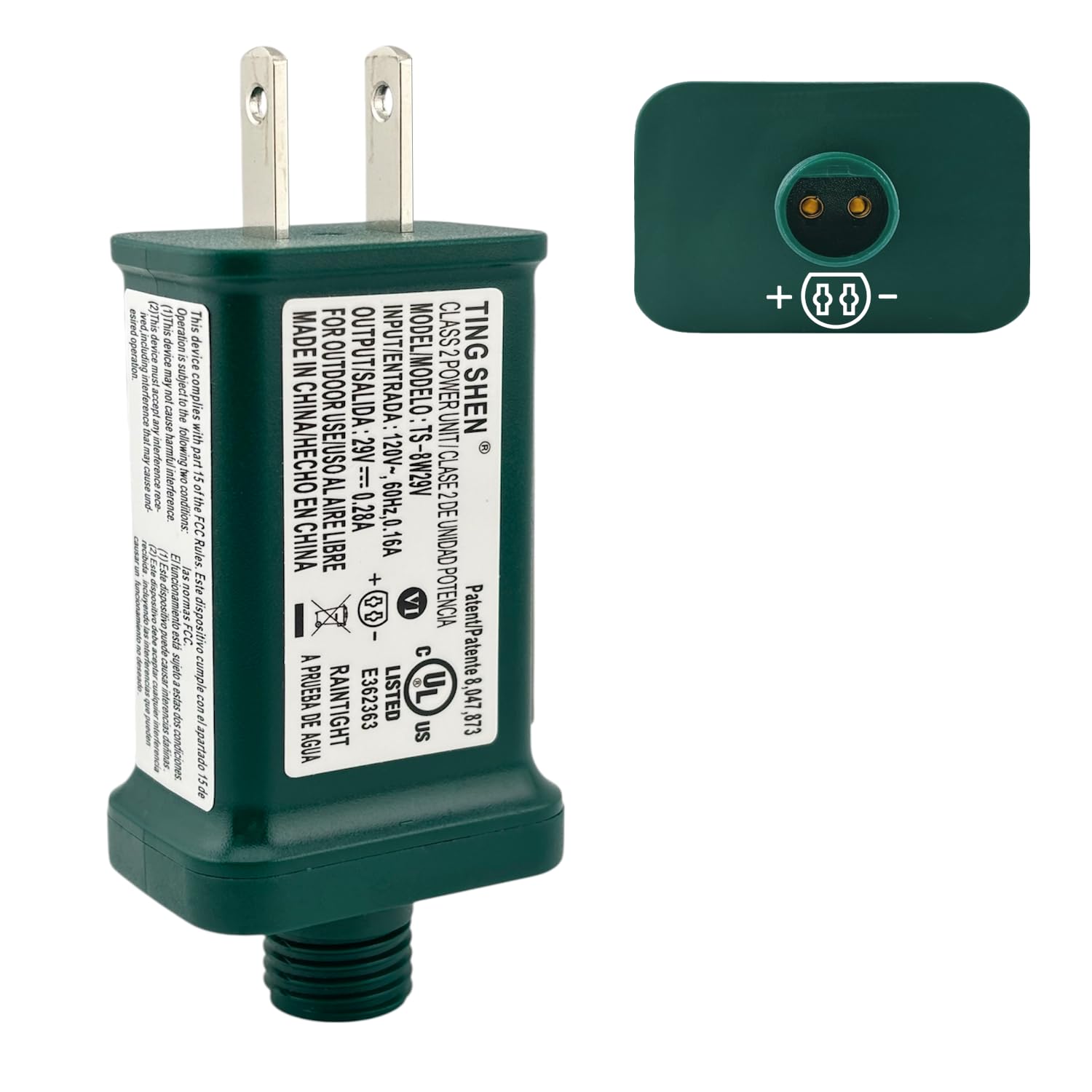 Power Supply TS-8W29V Class 2 Transformer 29V 0.28A 8W Raintight IP44 US Plug Connector 1/2in 12mm Adapter Replacement for LED String Light Holiday Lighting Christmas X-Mas Tree