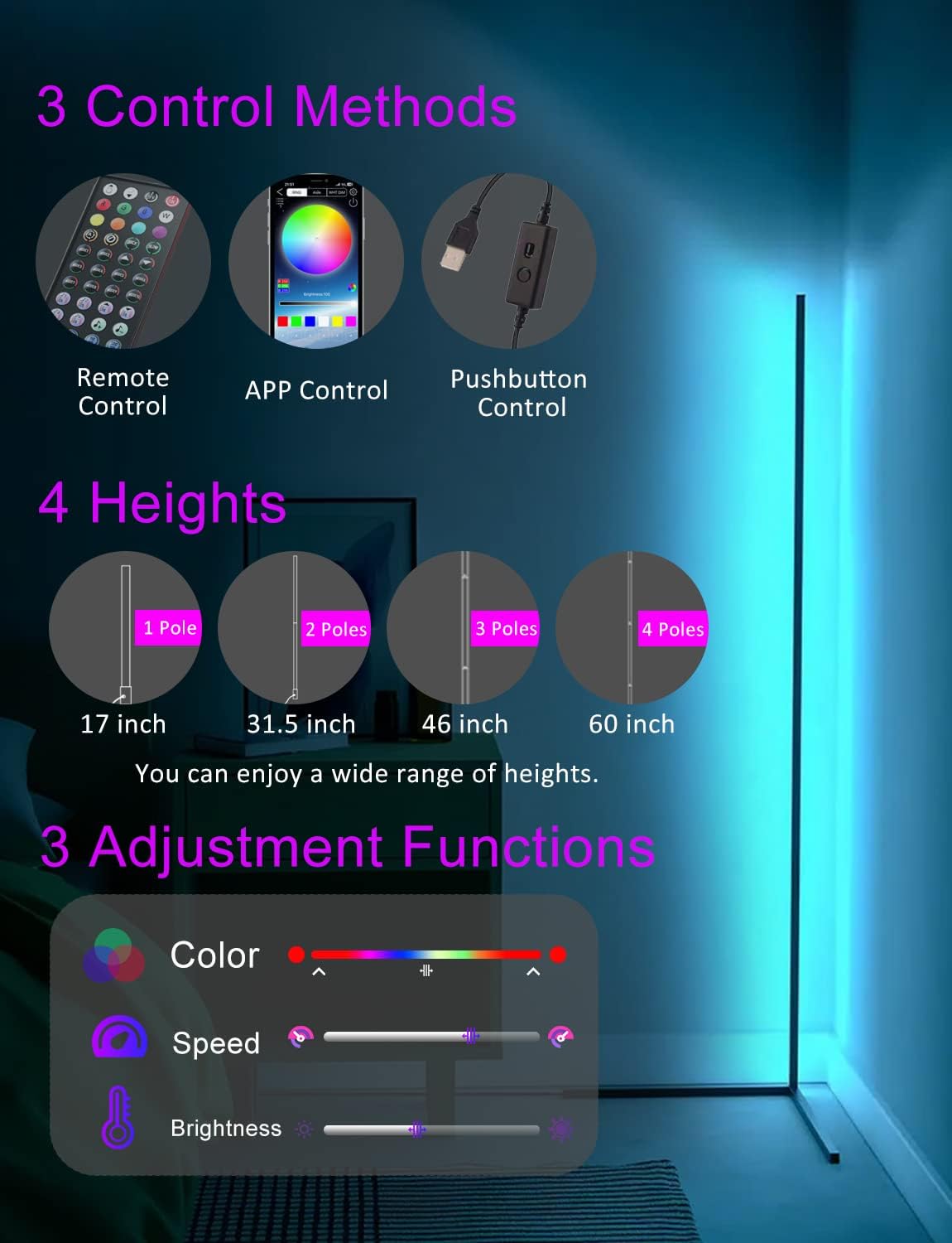 Sotipevs Corner Floor Lamp,60” Smart RGB LED Corner Lamp with App