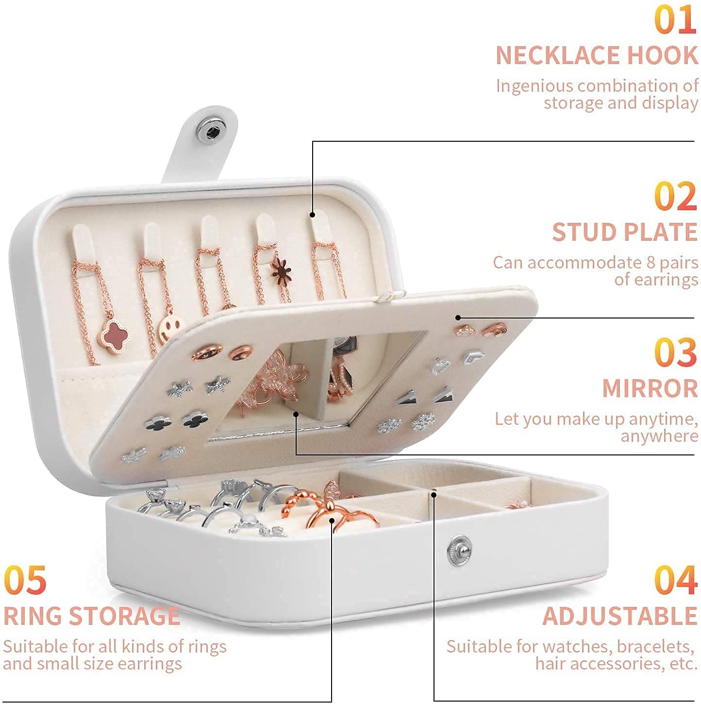 ZYFSHA Joyero de Piel sintética para Mujer, joyero de Viaje, joyero pequeño con Espejo para Pendientes, Anillos y Collares (Blanco)