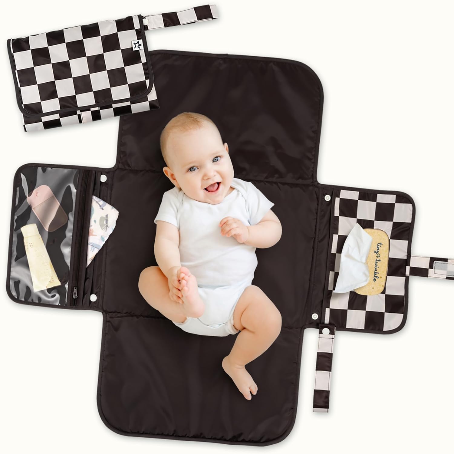 Tiny Twinkle Portable Diaper Changing Pad | Waterproof, Wipeable & Compact Baby Changing Pad for Travel | Smart Wipes Pocket & Organized Storage| Newborn Shower Gift (Black Checkers)