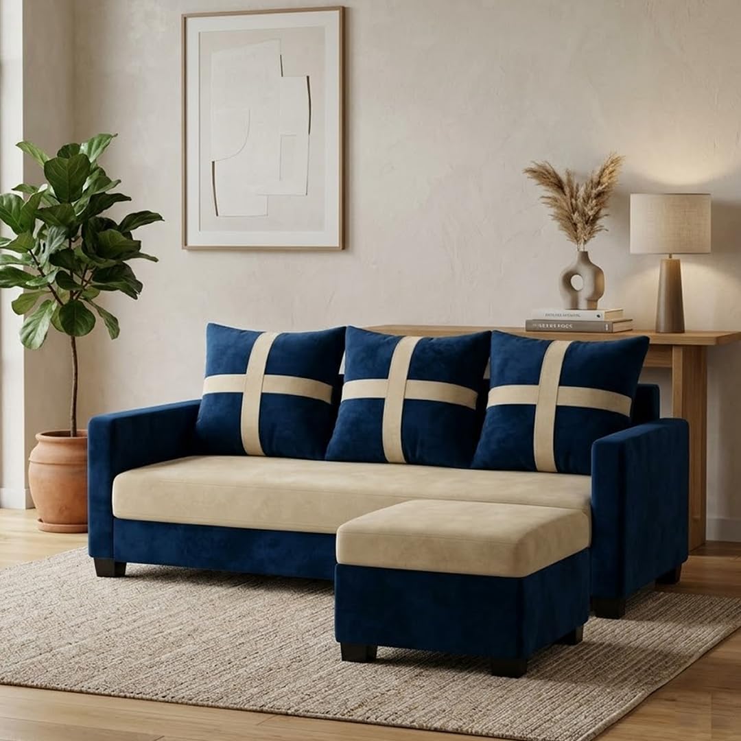 Caviriq Plush Comfort Sofa Set | 3 Seater with Ottoman | Luxury Velvet Suede Fabric | Modern Living Room Sofa | Dark Blue – Cream