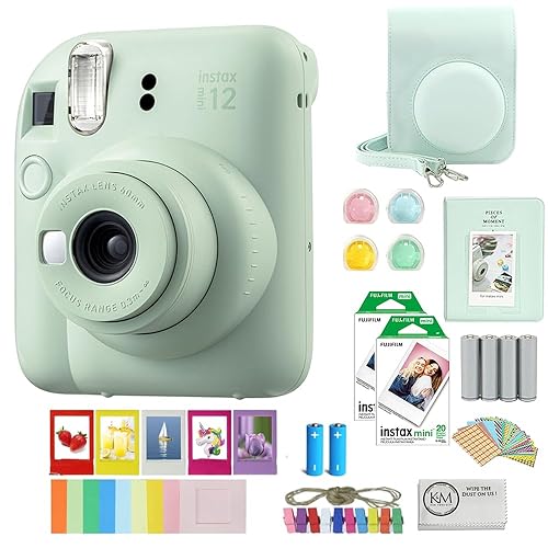 FUJIFILM INSTAX Mini 12 Instant Film Camera | Mint Green Bundled with INSTAX Mini Instant Film |40 Exposures + Instax Accessory Bundle + AA Batteries + Cleaning Cloth (10 Items) - Mint Green