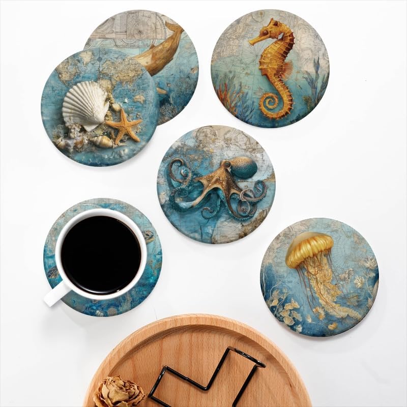Absorbent Beach Coasters Set of 6 Retro Marine Creatures Coasters Cork Base Tabletop Protection,Home Coast Nautical Coasters for Bar Kitchen Decor Suitable for Wooden Table Coffee Tables,Desks image 5