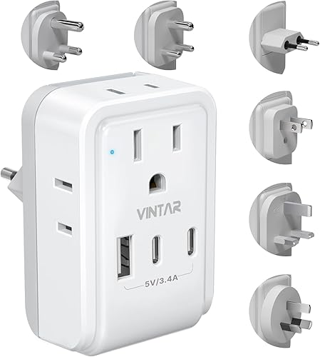 VINTAR Kit adaptador de viaje universal, adaptador de corriente internacional con 3 puertos USB (2 USB C) 4 salidas de CA, tipo A, C, G, D, I, M,