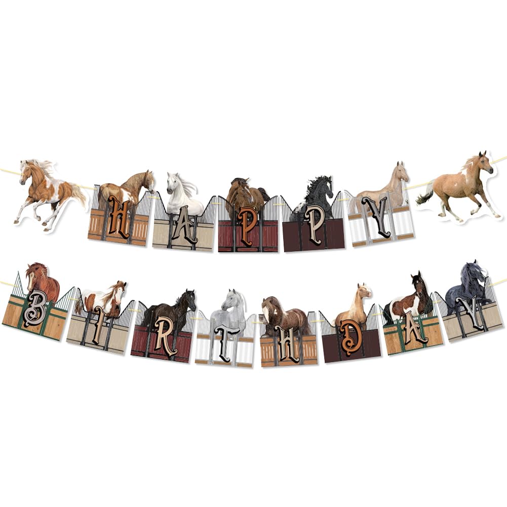 Horse Happy Birthday Banner - Horse Birthday Decorations Western Racing Animal Pony Themed Garland Bunting Banner for Cowboy Cowgirl Baby Shower Party Pony Photo Prop Supplies