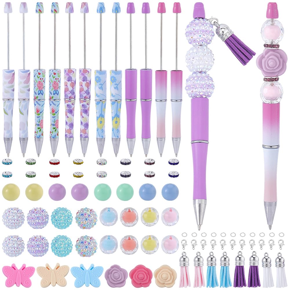 BEAMARKER 164Pcs DIY Beadable Pens Kit Plastic Black Ink Ballpoint Beaded Pens with Butterfly Flower Silicone Focal Beads Assorted Spacer Acrylic Beads Tassel Lobster Clasp for Office School Supplies