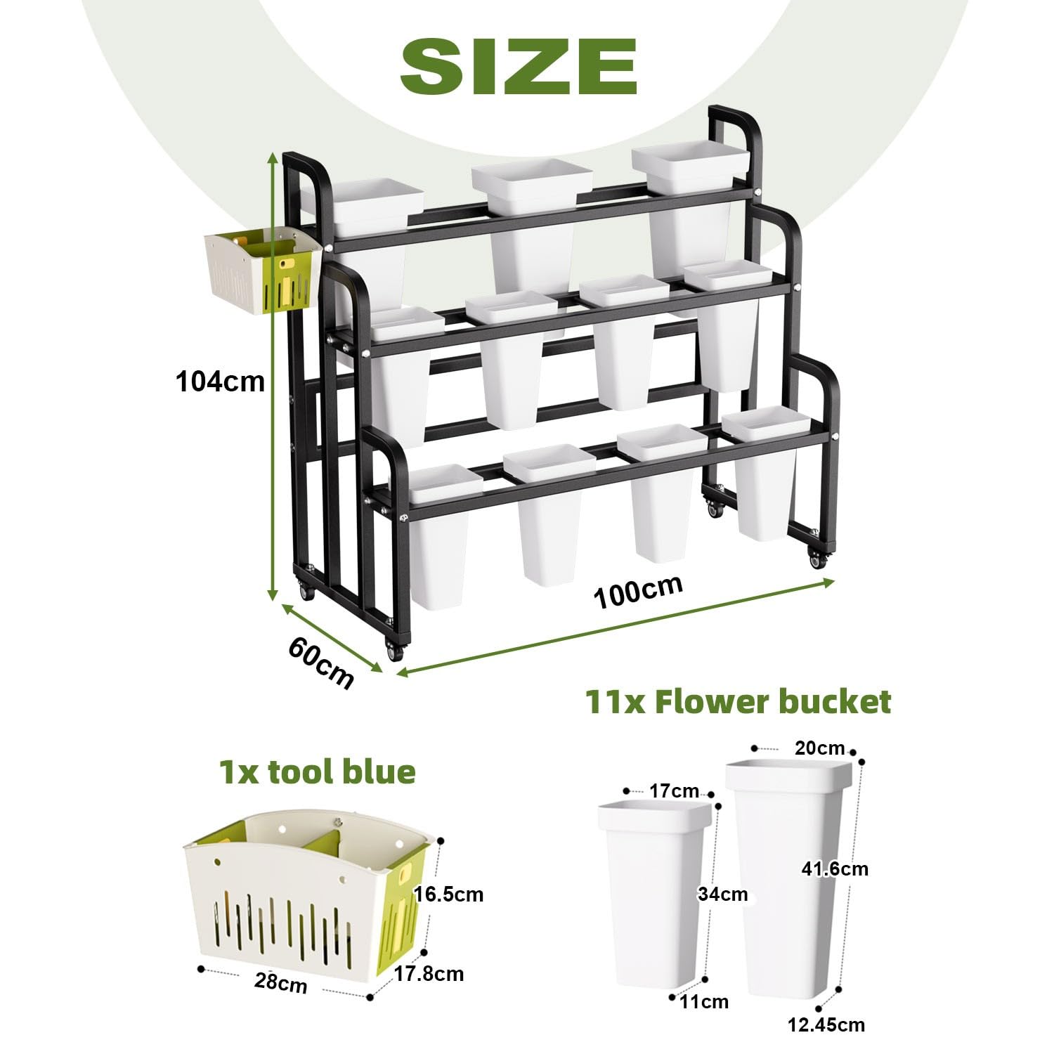 Supporto per piante a 3 ripiani, in metallo, con 11 secchi, espositore per fiori su ruote, per interni ed esterni, perfetto per patio, giardino, negozio