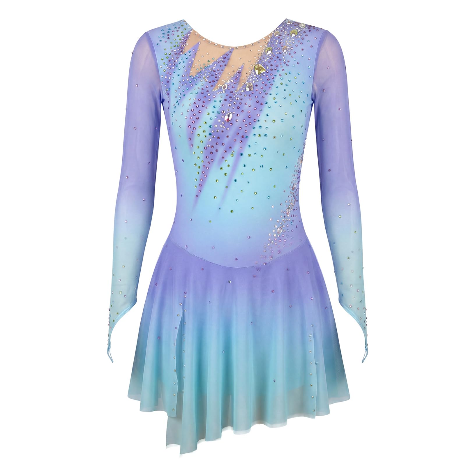 LIUHUO Robe de Patinage Artistique élégante pour Filles et Femmes avec Jupe de Danse sur Glace dégradé Bleu