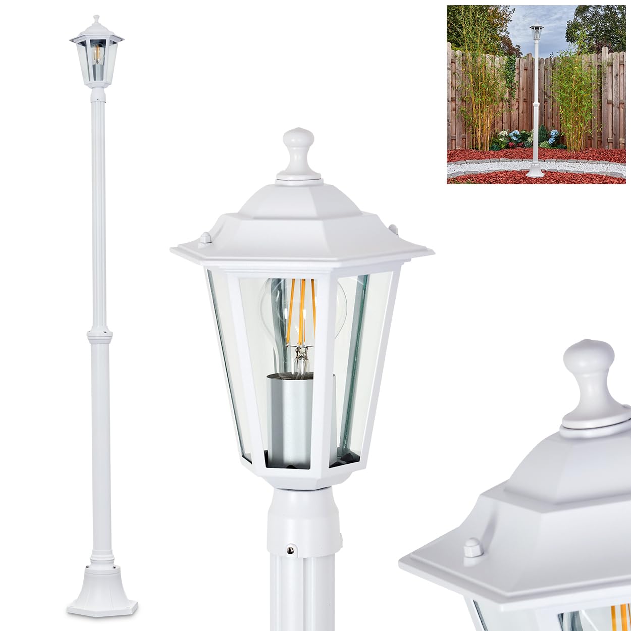 HOFSTEIN Candélabre Loria, éclairage extérieur de chemin en métal/verre blanc/clair, éclairage de chemin au design vintage/antique/rustique pour jardin, extérieur, cour, hauteur 190 cm, 1 x E27, IP44