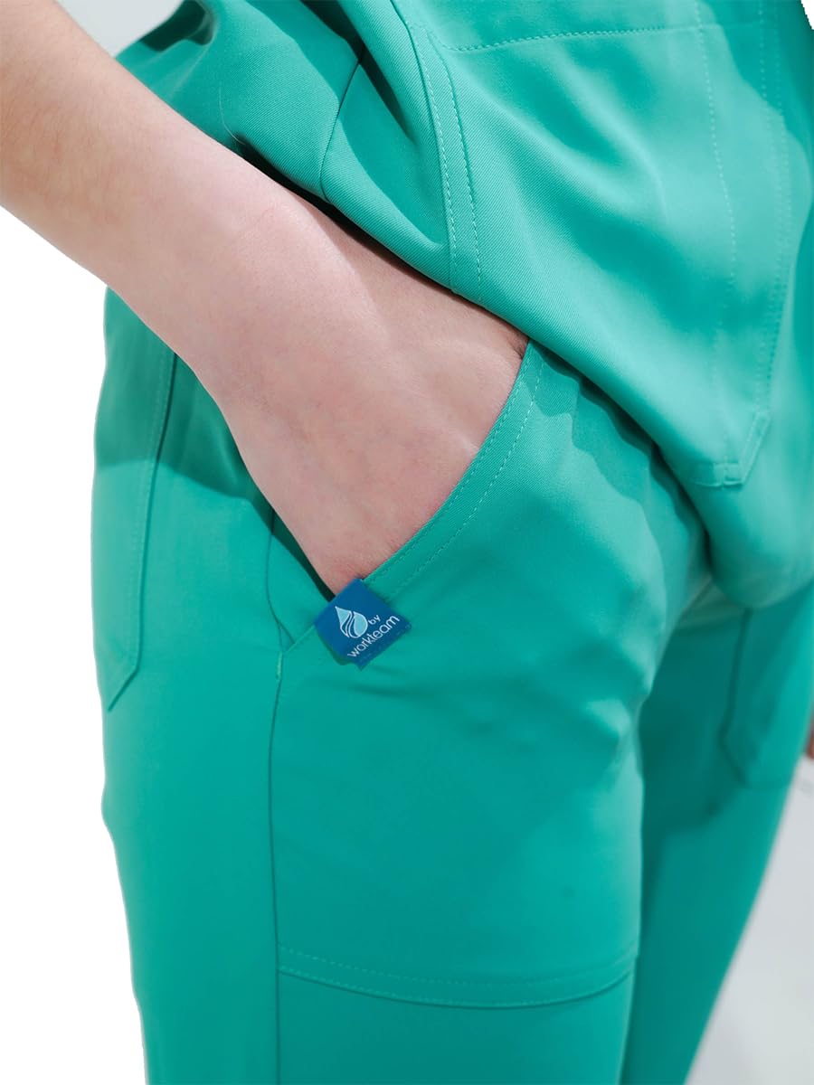 WORKTEAM Conjunto Sanitario de Casaca y Pantalón en Microfibra Elástica Bidireccional, Manga Corta, Cuello Pico y Cintura con Cordón Unisex
