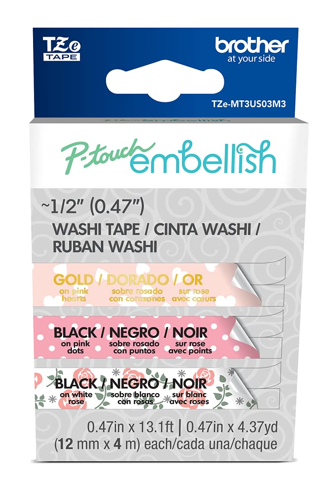Brother 3-Pack Pink Washi Tape Assortment TZeMT3US03M3 ~½” Wide x 13.1’ Long for use with P-Touch Embellish Ribbon & Tape Printer, Multi 3 Piece