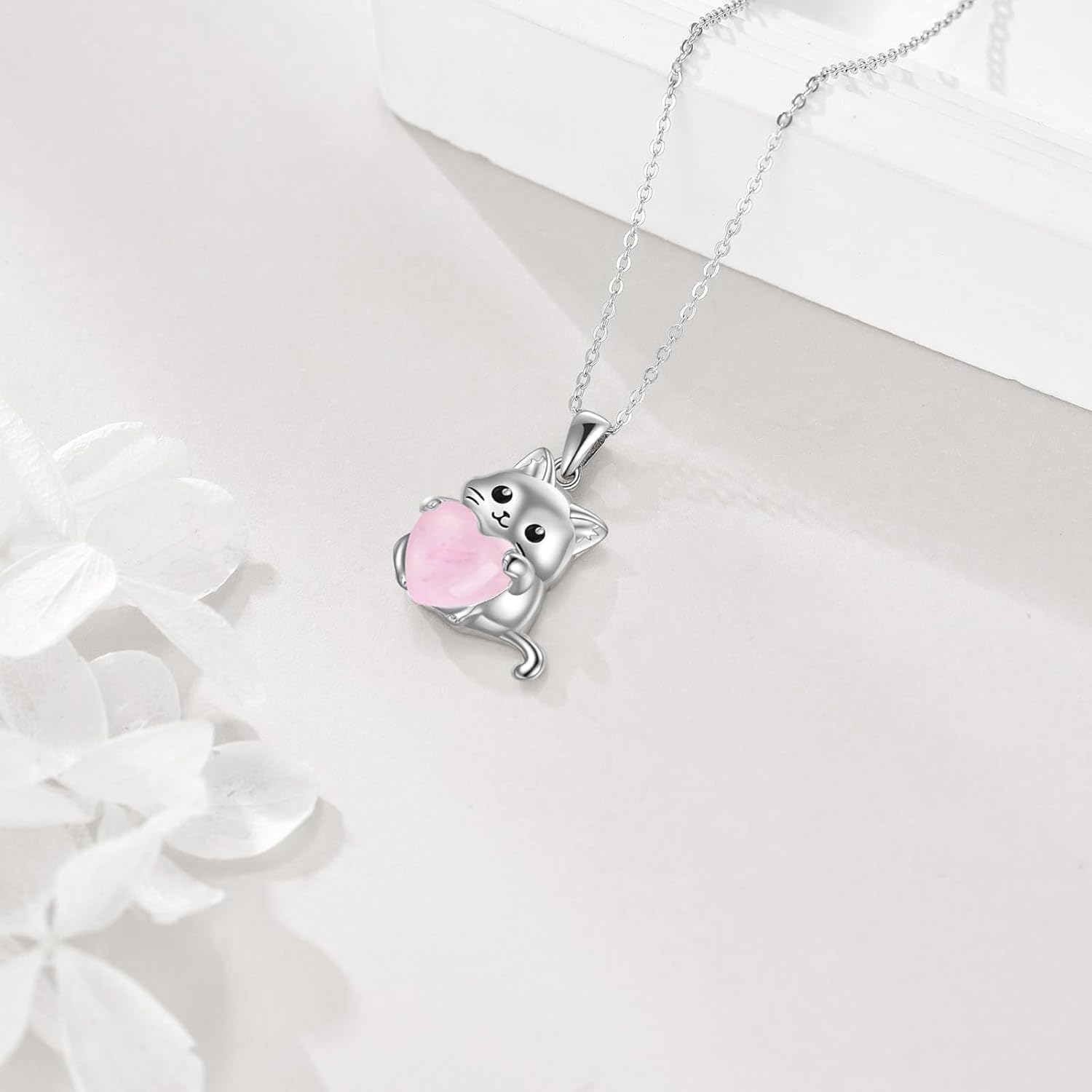 Cat Necklace for Women 925 Sterling Silver Rose Quartz/Moonstone Jewelry Cat Lover Gift Mothers Day Gifts - Image 4