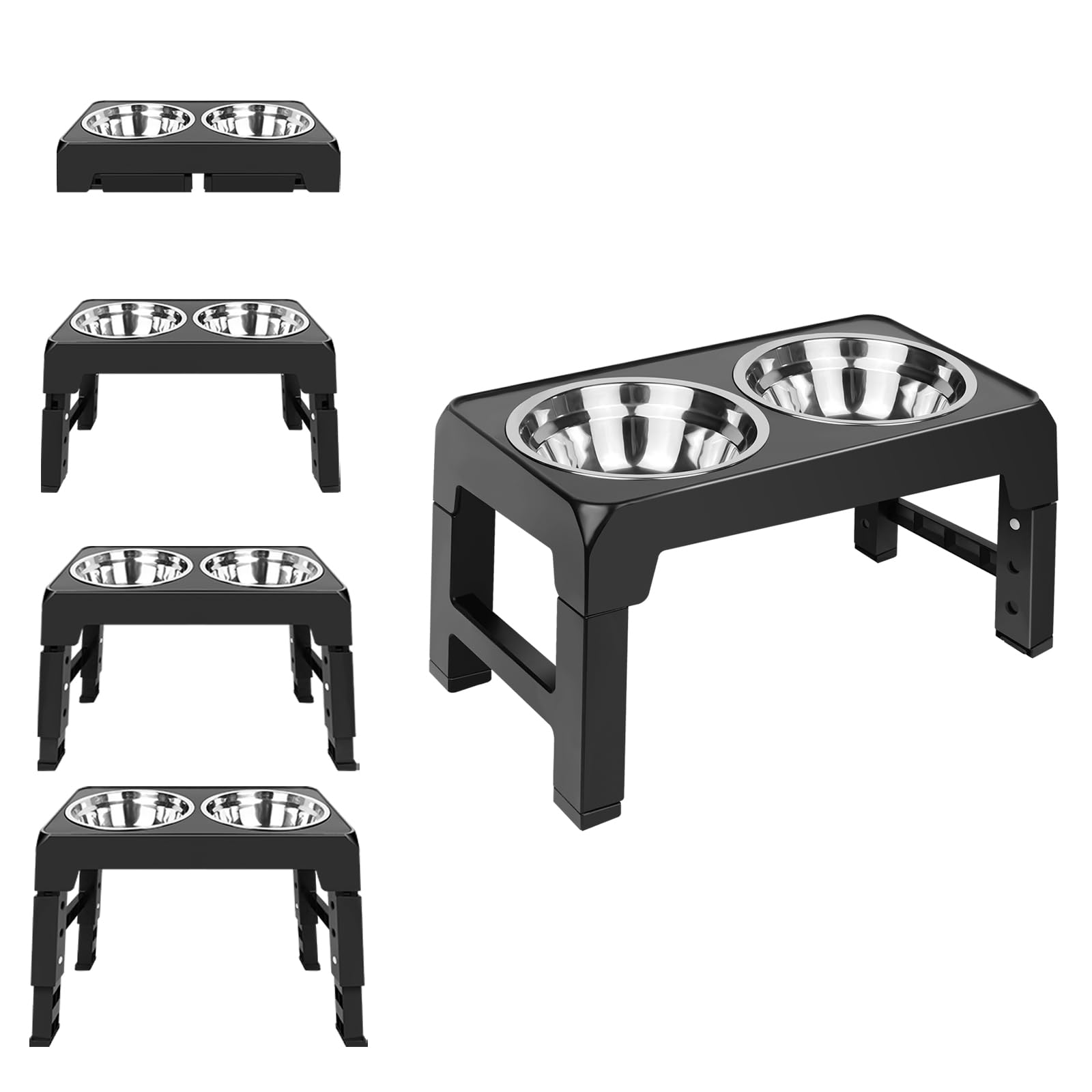 Adjustable Elevated Dog Bowls, 4 Height Non Slip Raised Dog Bowl Stand with 2 Stainless Steel Food Bowls for Small Medium Large Pets (Black)
