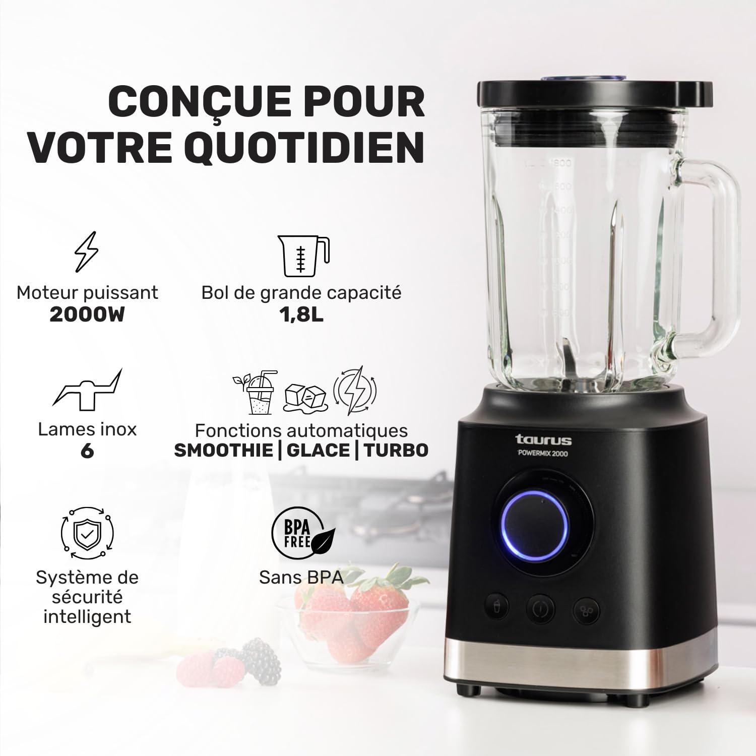 Taurus - blender de table Powermix 2000 + 2000 W | 1,8 L | 3 programmes + Turbo | Vitesse réglable | Lames inox 6 tranchants amovibles | Verrouillage de sécurité