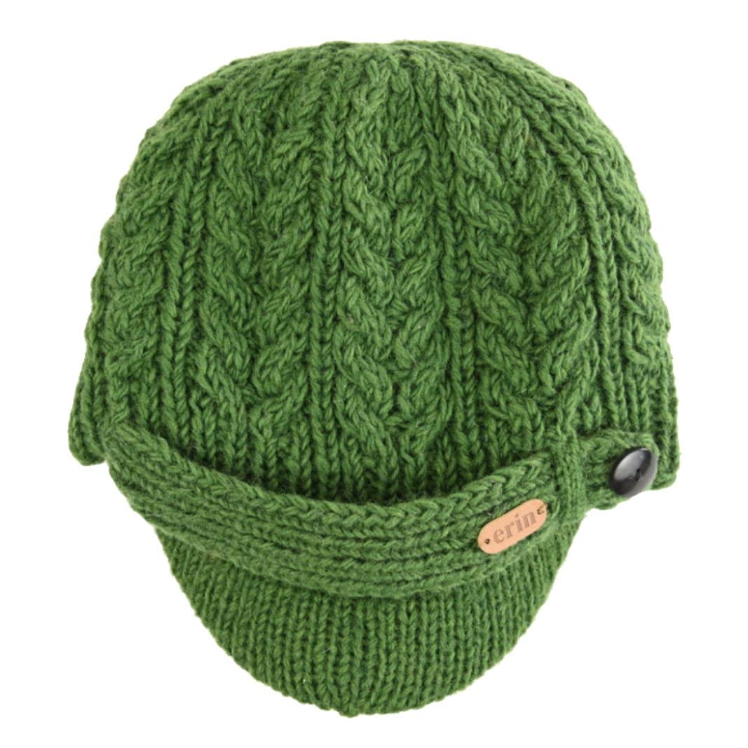 Erin KnitwearGreen Cable Knit Wool Peak Cap, One Size