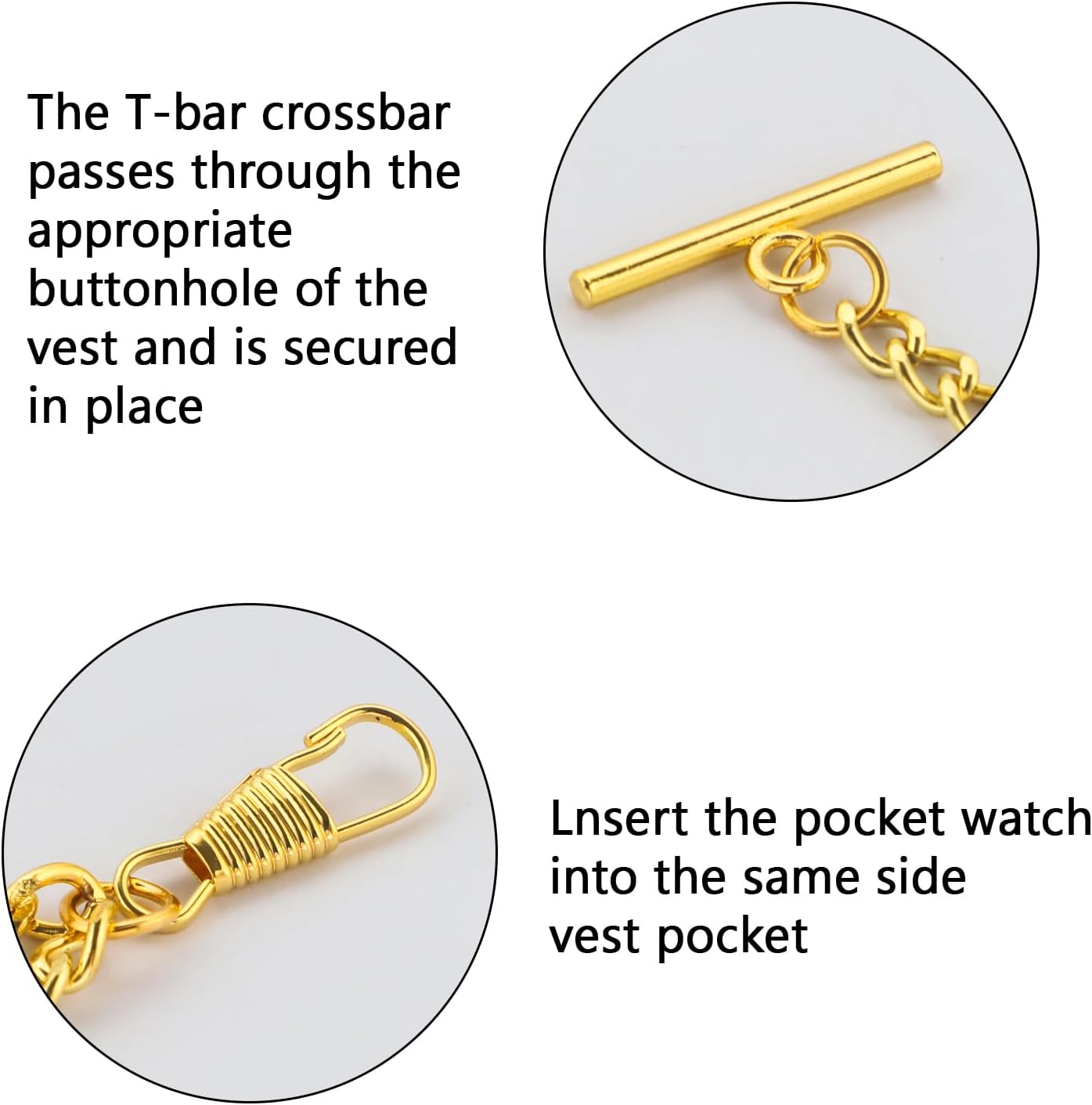 Tiong Gold/Silver Handmade Men's Pocket Watch Chain Double Albert Chain T Bar Pocket Watch Chain with Cross Pendant Design