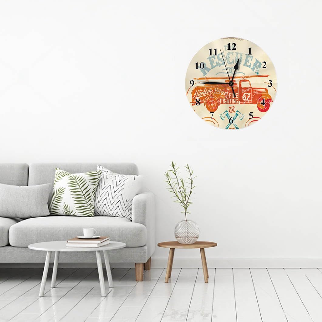 Rescuer Fire-Fighting Label Round Wall Clock Silent 10 Inch Wooden Fireman,Firefighter,Nozzle,Orange Rustic Battery Operated Quartz Clock Decor Home Classroom