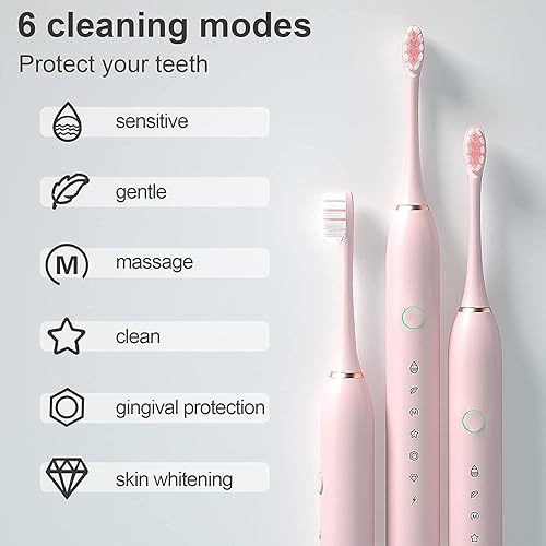 Miniatura 6 de Paquete de 2 cepillos de dientes eléctricos sónicos para adultos y niños, cepillo de dientes eléctrico recargable con 8 cabezales de cepillo, 6