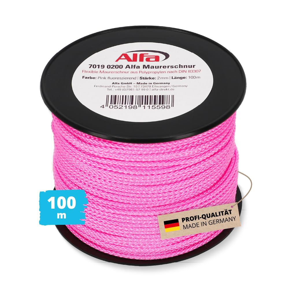 1x Alfa Maurerschnur Pink 100 m Länge Ø 2,0 mm Profi-Qualität Polypropylen rund geflochten Reißfest & Belastbar Richtschnur Bauschnur Lotschnur Pflasterschnur