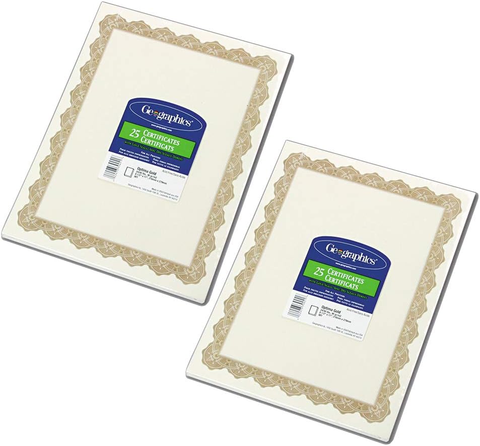 Geographics : Parchment Paper Certificates, 8-1/2 x 11, Optima Gold Border, 25 per Pack -:- Sold as 2 Packs of - 25 - / - Total of 50 Each