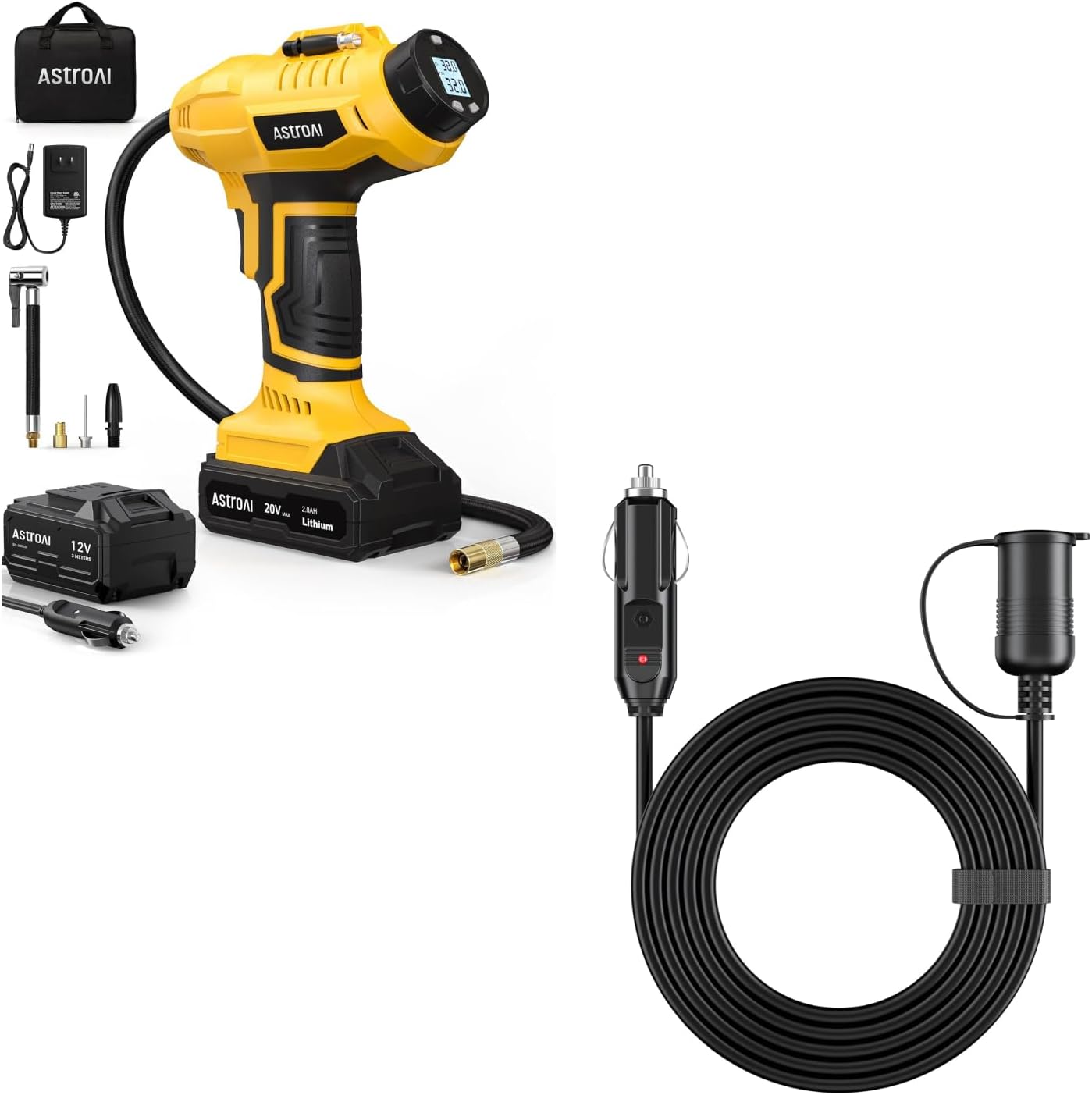 AstroAI Cordless Tire Inflator Air Compressor Yellow and Cigarette Lighter Extension Cord 12Ft/12V/120W/15A