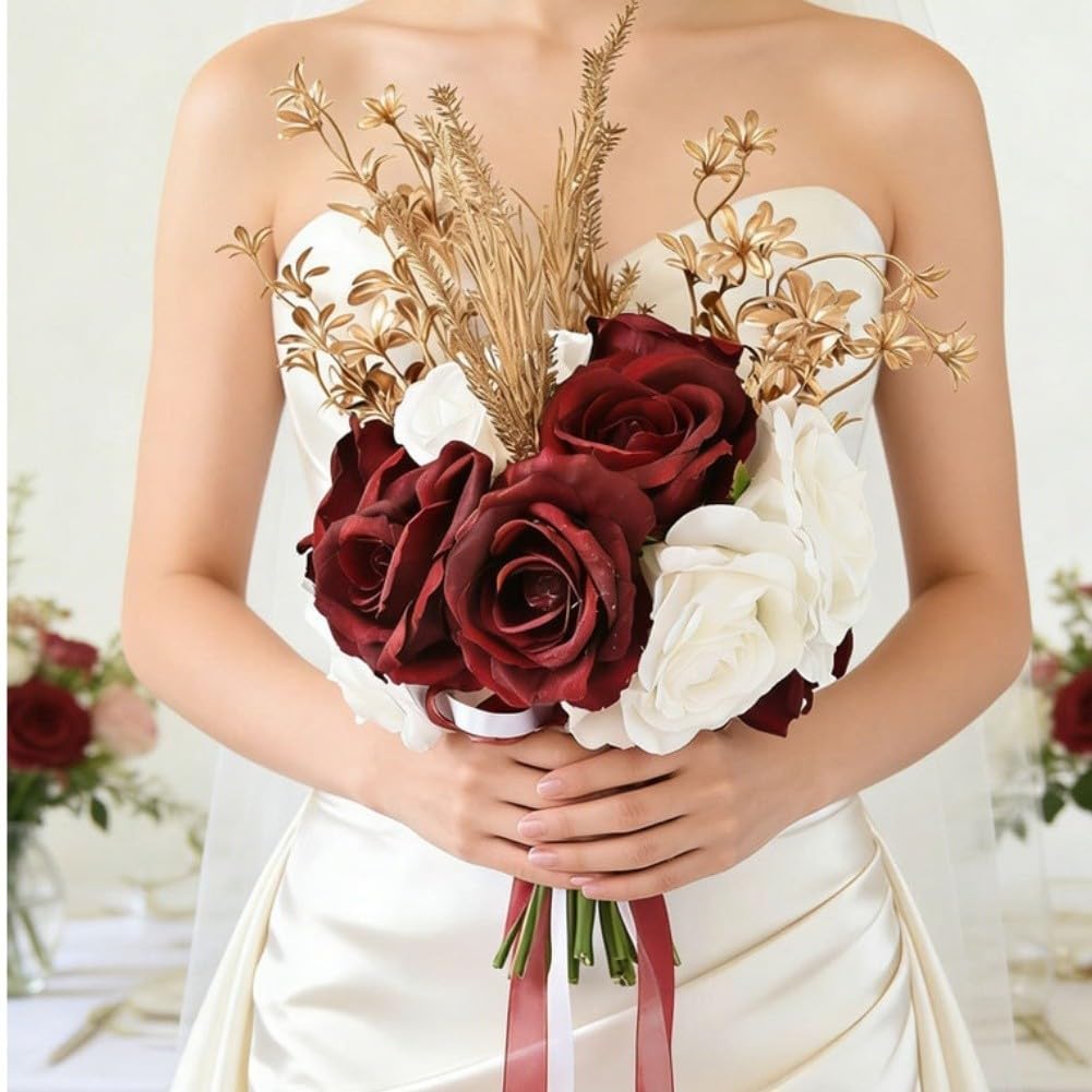 Bouquet da sposa realistico con rose in seta con fiocco – elegante decorazione per matrimoni per damigelle d'onore (stile 1)