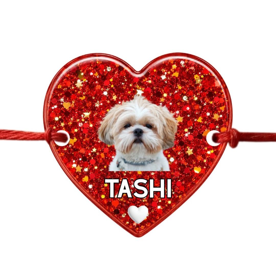 TPJ Handmade Customized Dog & Cat Rakhi Brother Sister Bracelet, Cute Fur Sibling Raksha Bandhan Gift for Dog Lovers & Pet Parents, Personalized Name Charm Soft Band Dog Accessories Crimson Love-image-3