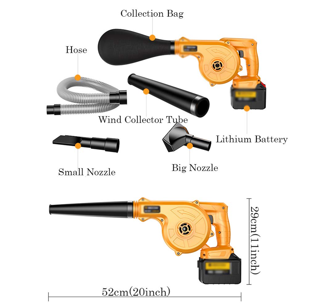 21V/3AH Soffiatore A Batteria,2 in 1 Spazzatrice e Aspirapolvere Elettrico con velocità Variabile e Ioni di Litio,per Soffiare Foglie Rimuovere Polvere(Arancione)